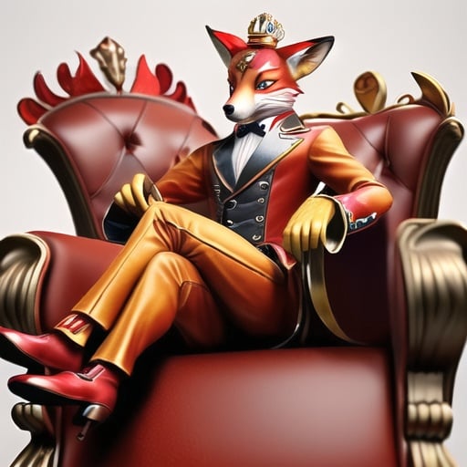 Prompt: male fox in a vintage 1920s red and yellow Jester costume with a red fox tail sitting on a throne