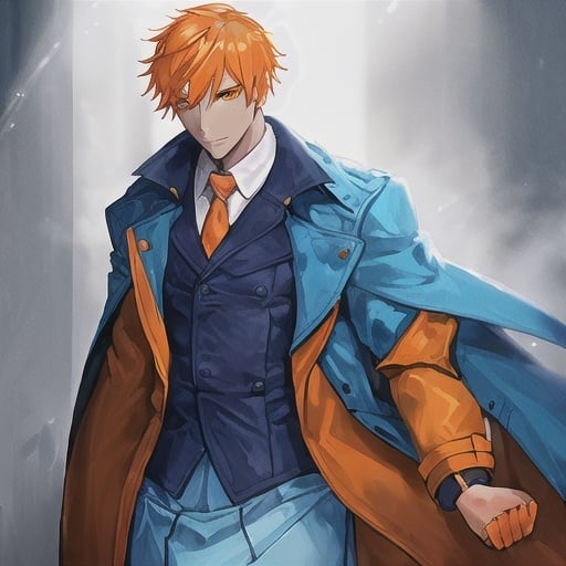 Prompt: man with orange skin wearing a blue trench coat, and a light blue skirt underneath
