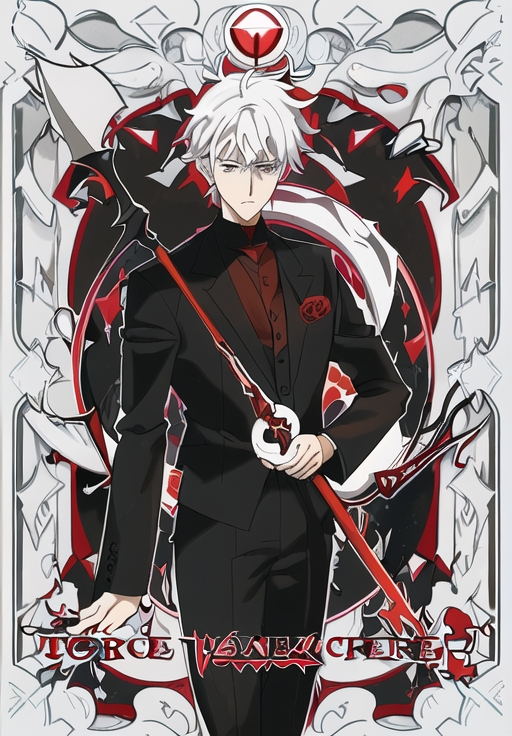Prompt: a man in a black suit and red shirt with white hair standing in a red and white circle with his hands up holding a scythe, Adam Manyoki, remodernism, official art, a character portrait
