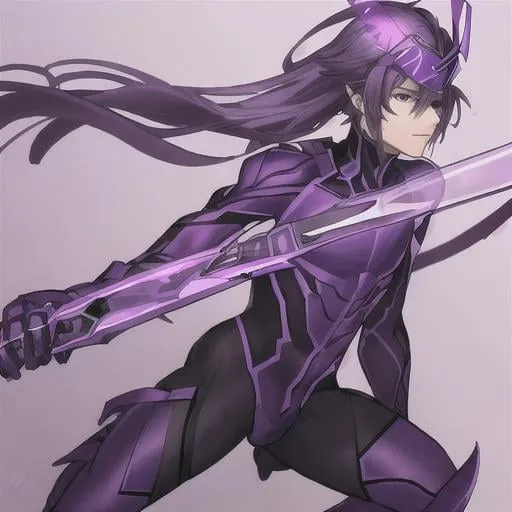 Prompt: male solider in slim purple armor with two swords encased in purple flames and wearing a slim purple helmet