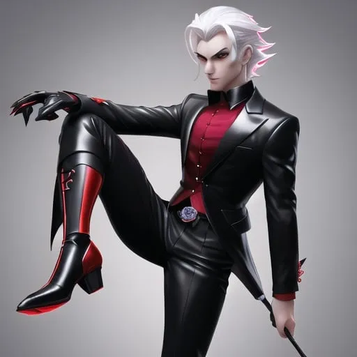 Prompt: Male vampire wearing a black suite with a black and red shirt underneath with golf buttons. silver hair. White eyes. full body. Black, and red heel knee high boots