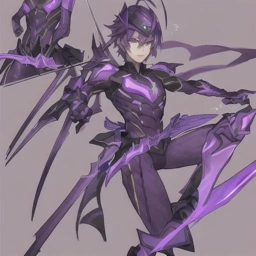 Prompt: male solider in slim purple armor with two swords encased in purple flames and wearing a slim purple helmet