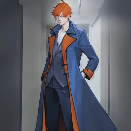 Prompt: man with orange hair wearing a blue trench coat, and a floor length light blue skirt