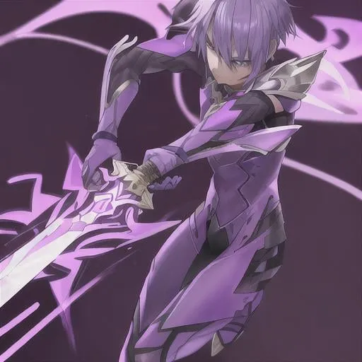 Prompt: male solider in slim purple armor with a sword encased in purple flames