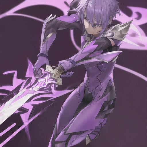 Prompt: male solider in slim purple armor with a sword encased in purple flames