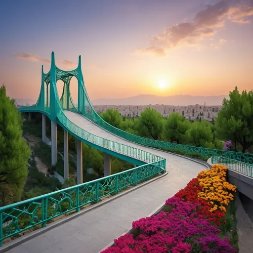 Prompt: I want a bridge that connects two parks on both sides of the highway in Tehran, Iran.  This bridge should have complete comfort facilities and have beautiful elements.  Similar to nature's bridge
