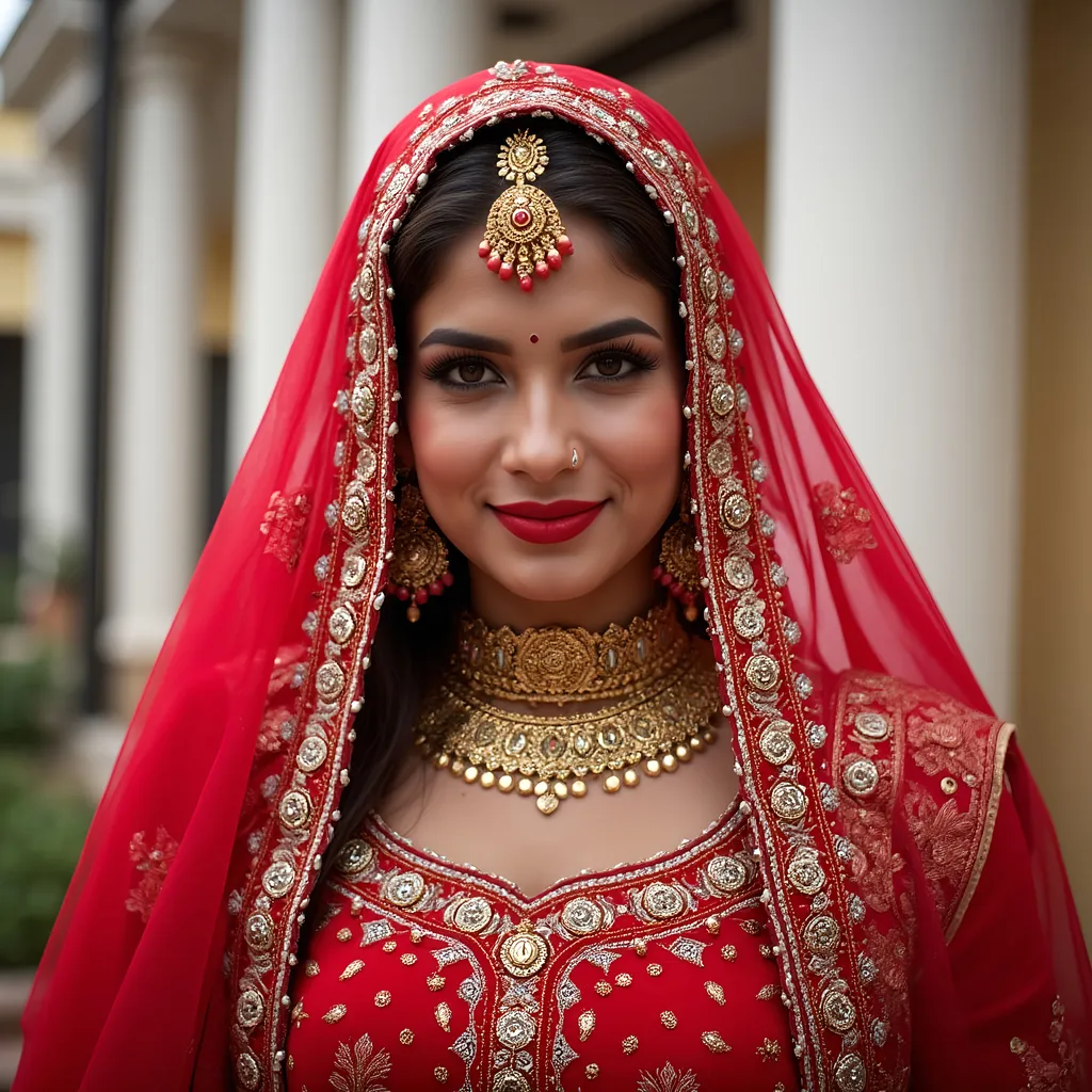 Prompt: "A person is adorned in traditional Indian attire featuring a red veil with intricate gold embroidery and embellishments. The veil covers the head and shoulders, complemented by a decorative headpiece. The ensemble includes a gold necklace, highlighting cultural attire with detailed craftsmanship and traditional elements.