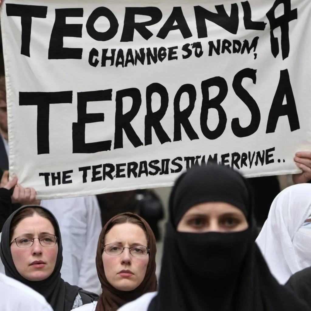 Prompt: a banner were you change one of the letters in the word terrorist to a symbol is islam