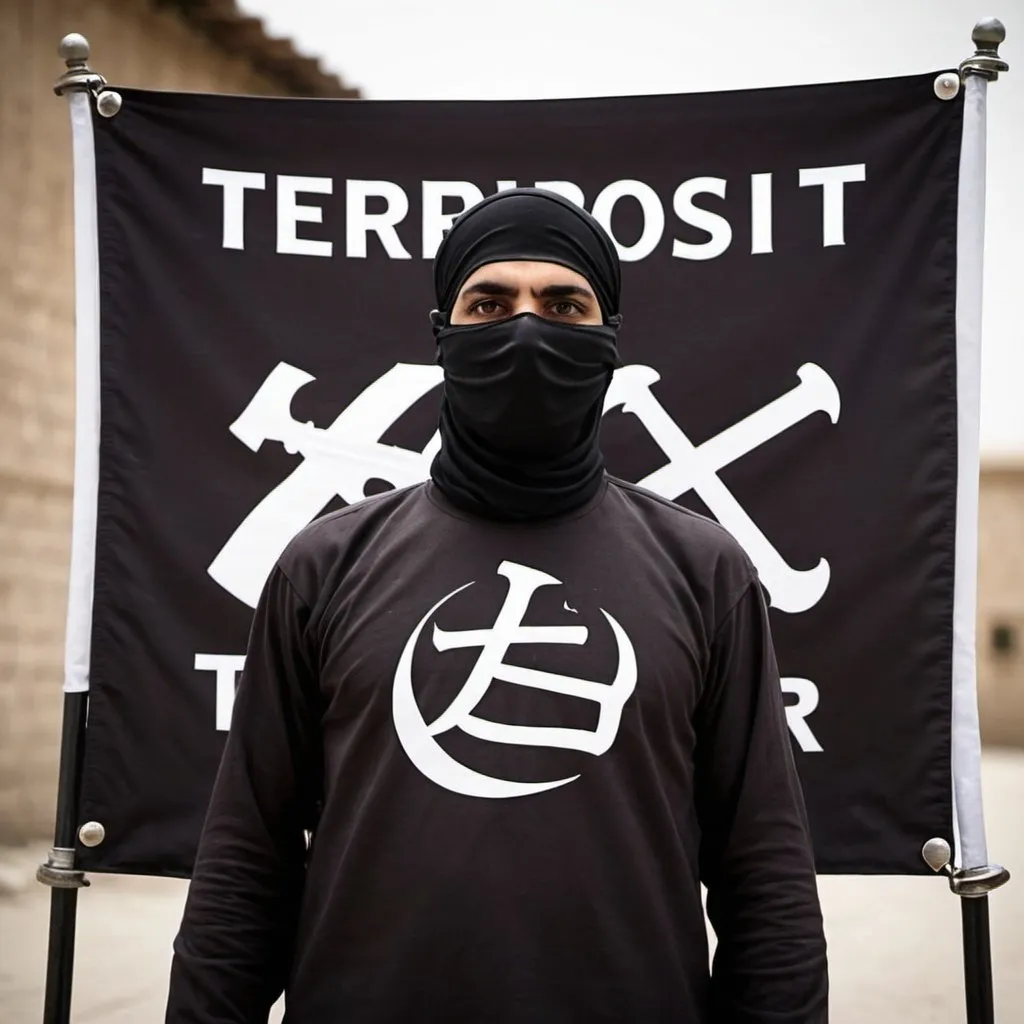 Prompt: a terrorist banner were you change one of the letters in the word terrorist to me a symbol is islam