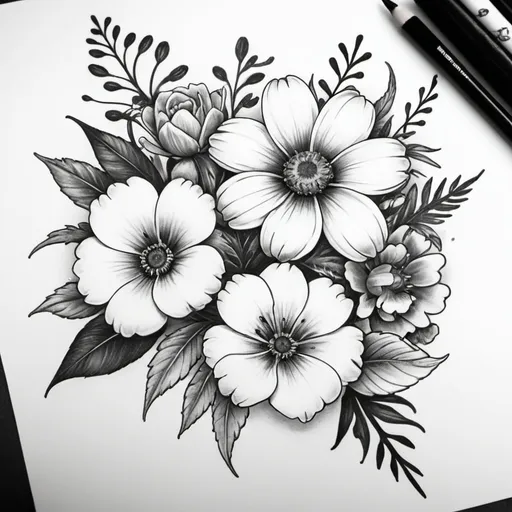 Prompt: Mix Flowers with Bastian Blau style to create original tattoo design but as sketch 