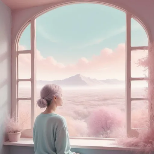 Prompt: Person imagining a distant place, dreamy illustration, pastel color palette, soft focus, serene atmosphere, detailed features, high quality, dreamy, distant place, pastel colors, soft focus, serene atmosphere, detailed features