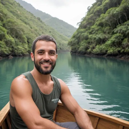 Prompt: homem, entre 28 a 36 anos, bem sucedido no trabalho, por�m que tem como objetivo de vida viver e aproveitar a vida viajando, explorando a natureza, se aventurando e exercendo atividades que o deixe conectado a natureza. A grande paix�o dele s�o as atividades aqu�ticas e n�uticas, local que o inspira e o deixa em paz. Um verdadeiro ref�gio para ele. Essa persona entende de barcos, pesca, mergulho, atividades ao ar livre e em contato a natureza. Tamb�m gosta de se vestir bem, com roupas que o caracterize dentro desse lifestyle conectado a natureza.