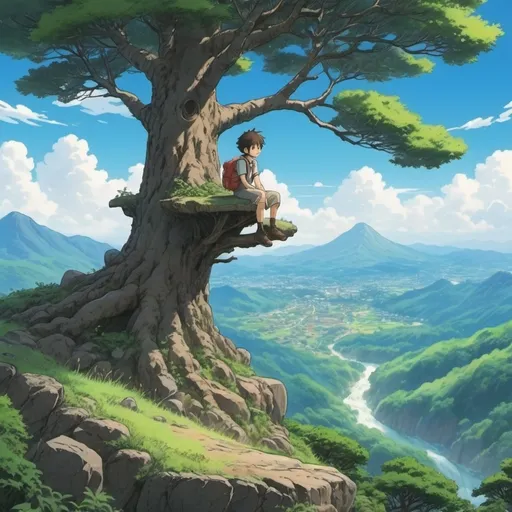 Prompt: 2d studio ghibli anime style, boy seat down the tree and on the mountain , boy is a traveler ,anime scene