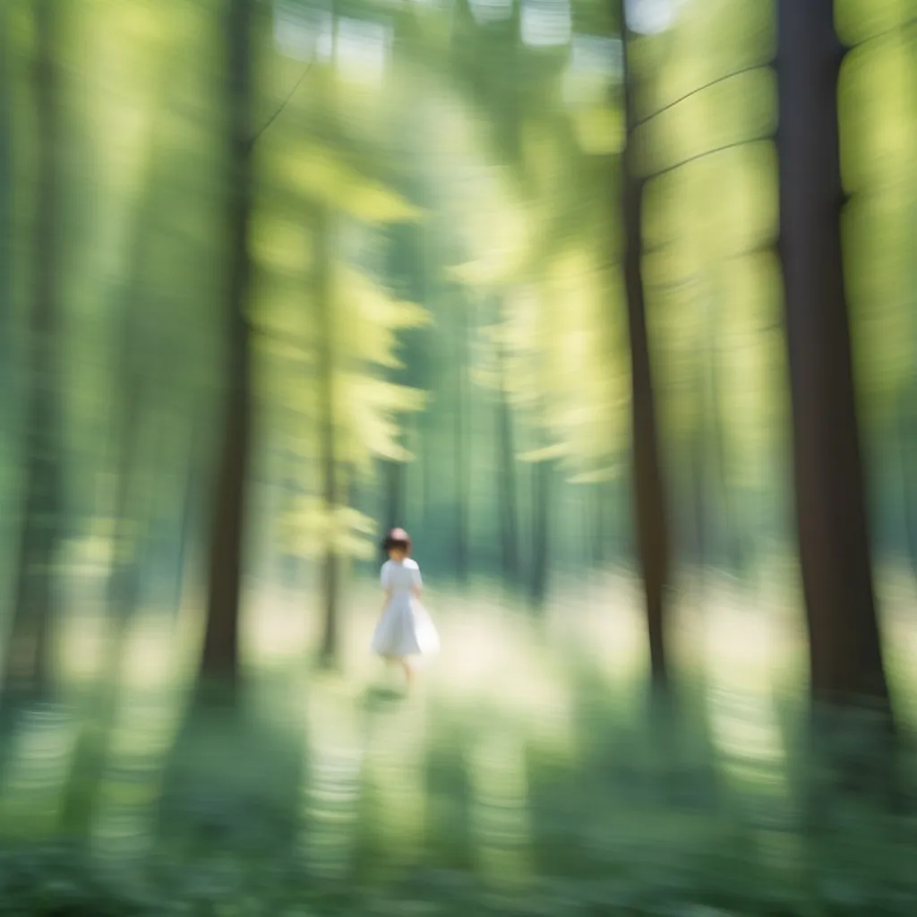 Prompt: a blurry photo of a fay? in the woods with a blurry background of trees, Ai-Mitsu, impressionism, long lens, an impressionist painting life like the true image