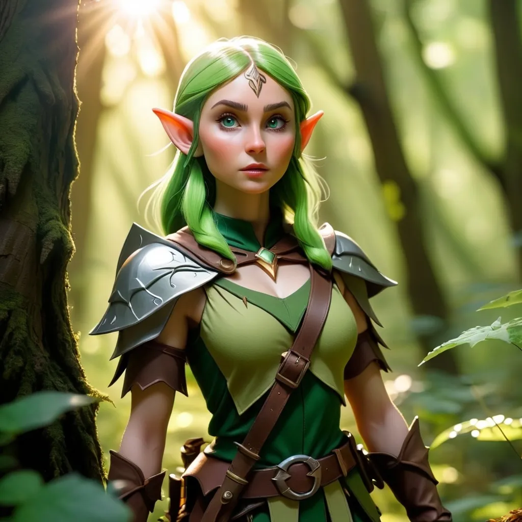 Prompt: Elf ranger in a mystical forest around sunlight