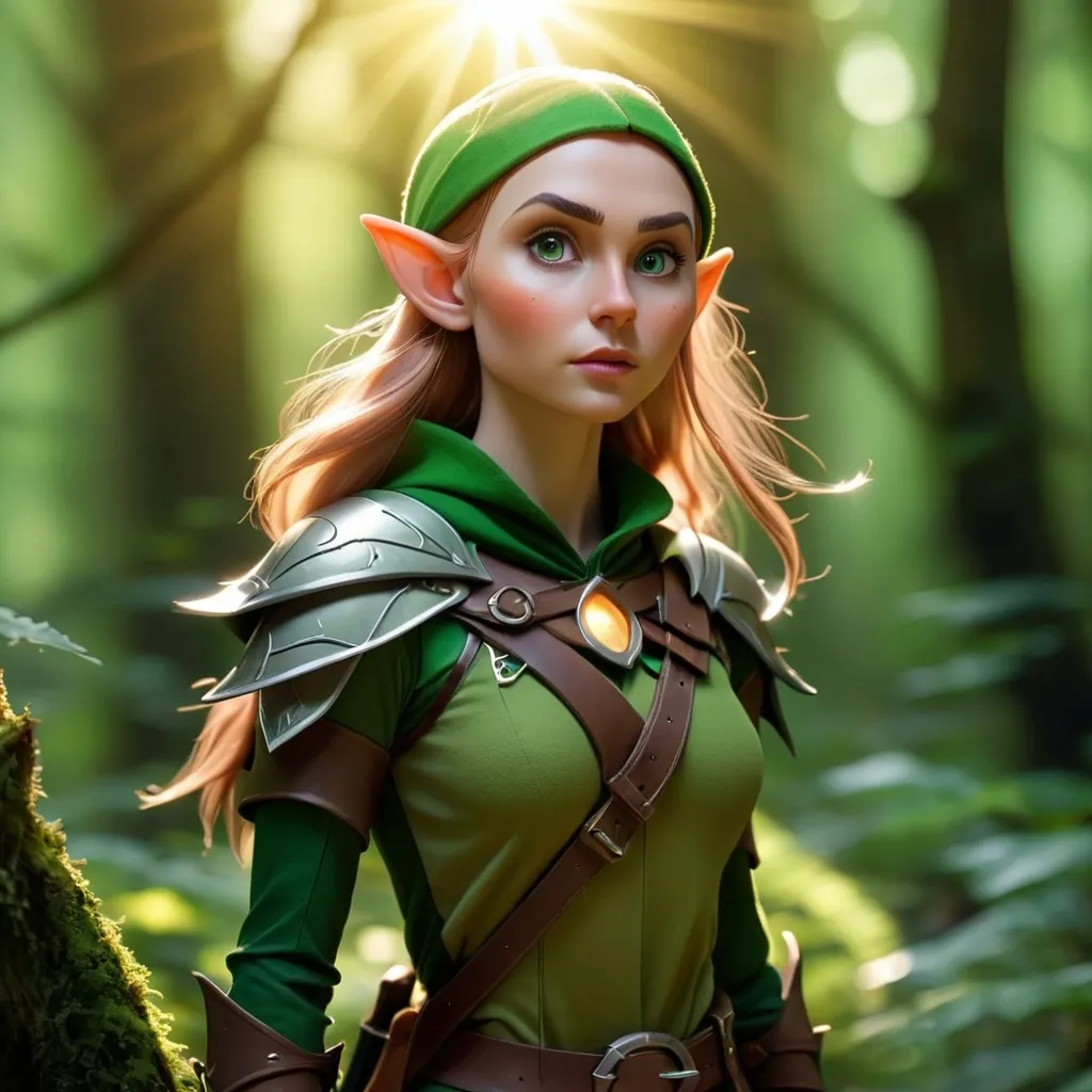 Prompt: Elf ranger in a mystical forest around sunlight