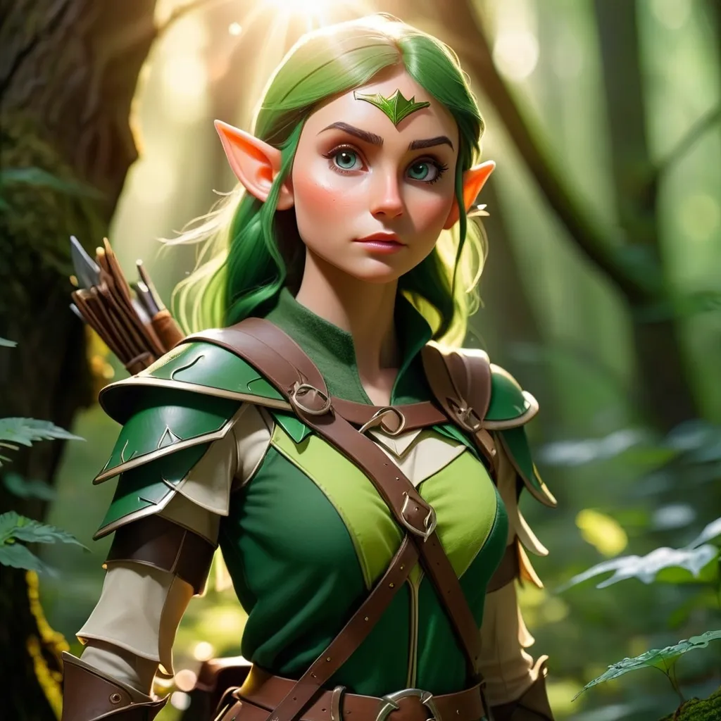 Prompt: Elf ranger in a mystical forest around sunlight