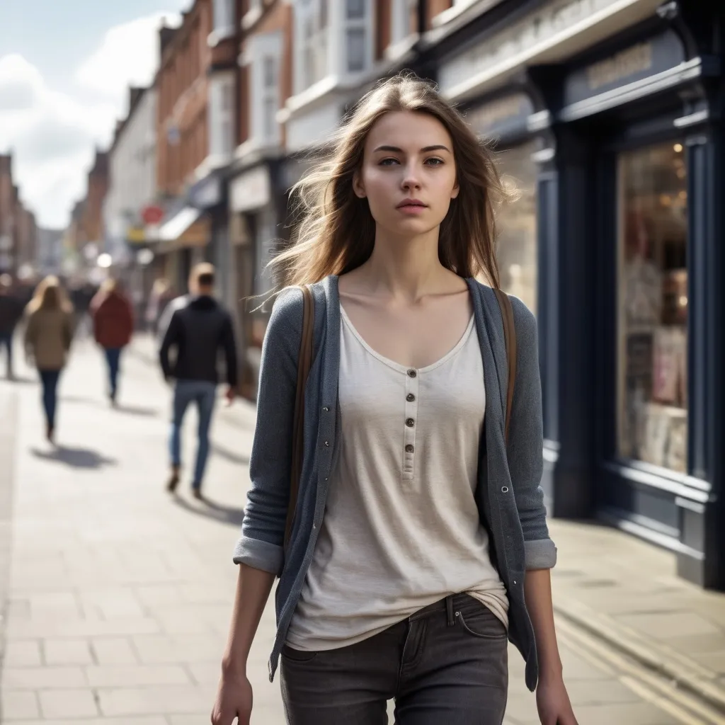 Prompt: Tall young woman walking down the high street, detailed clothing, realistic, natural lighting