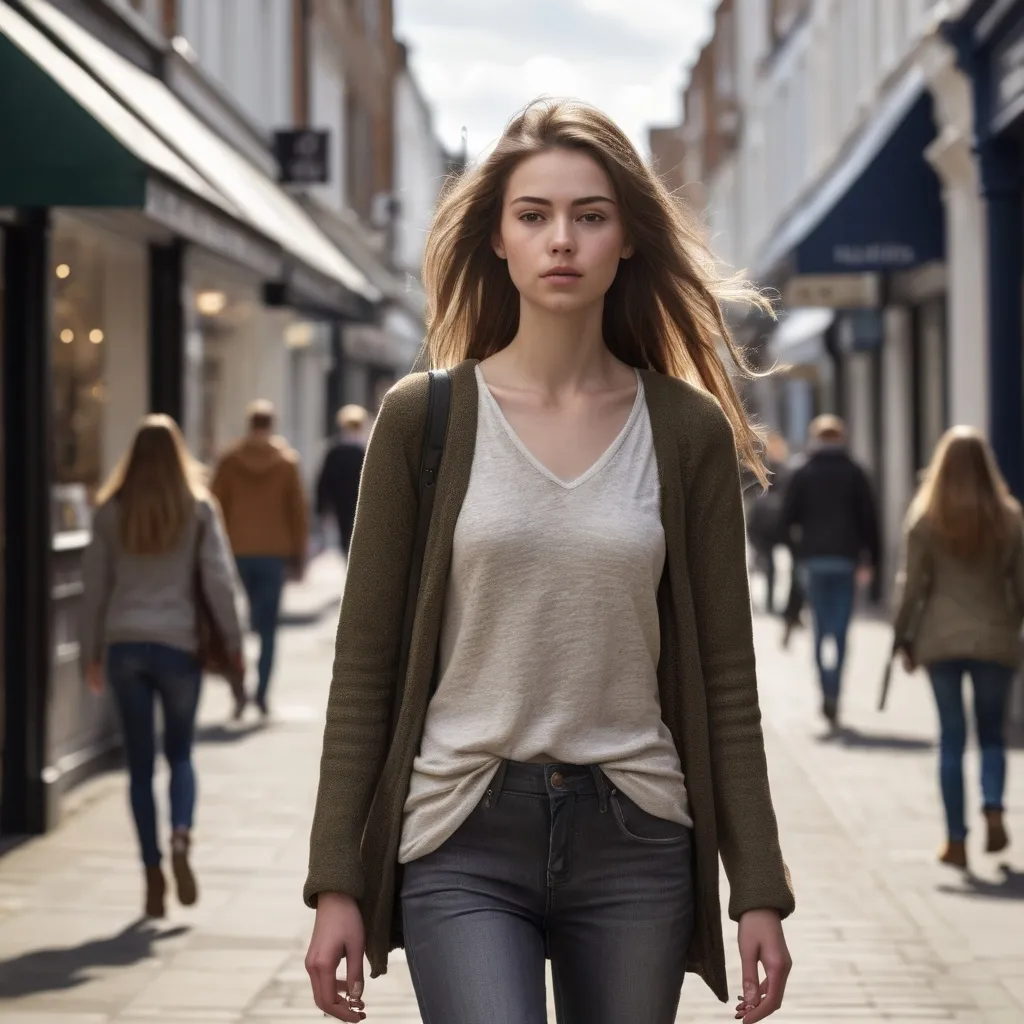 Prompt: Tall young woman walking down the high street, detailed clothing, realistic, natural lighting