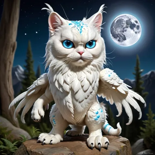 Prompt: Large, pale white cat with huge front paws, back legs are owl claws, speckled wings and bright, blue eyes. Most often seen during a full moon. Lays eggs high in mountain terrain. Has a whip-like tail. Plush fur on its face and down to its ribs, from its stomach on, it has feathers.