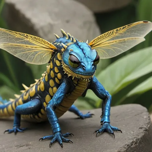 Prompt: mall insect like dragons with stout bodies like a bumble bee, dragonfly wings and are usually blue, green and other jeweled coloured. They love nectar and small bugs. They are easy pray to predatorial plants. Dragonfliers hatch from caviar like eggs that a mother Dragonflier lays by ponds, lagoons and moats. These creatures are freshwater. They do have a saltwater cousin that can be found near ocean and saltwater seas. 