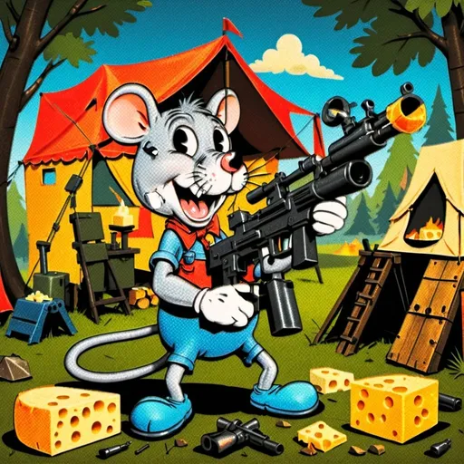 Prompt: A Giant Rat , Witha  block of cheese in one hand and an MG42 machine gun in another , with the background of a camping scene including a tent and a campfire 