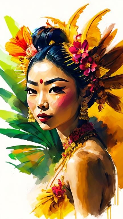 Prompt: Portrait of a Balinese woman wearing traditional costume and headdress. She has a tanned skin and she is surrounded by tropical nature and flowers