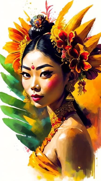 Prompt: Portrait of a Balinese woman wearing traditional costume and headdress. She has a tanned skin and she is surrounded by tropical nature and flowers