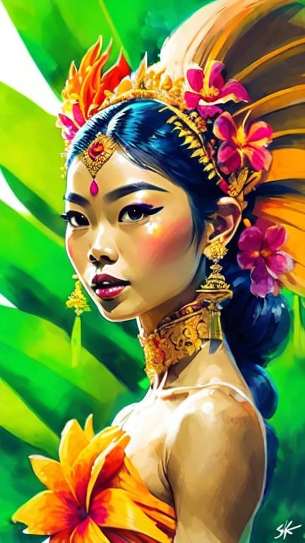 Prompt: Portrait of a Balinese woman wearing traditional costume and headdress. She has a tanned skin and she is surrounded by tropical nature and flowers