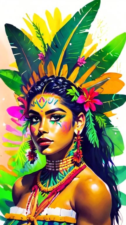 Prompt: Portrait of a Polynesian woman wearing traditional costume and headdress. She has a tanned skin and she is surrounded by tropical nature and flowers