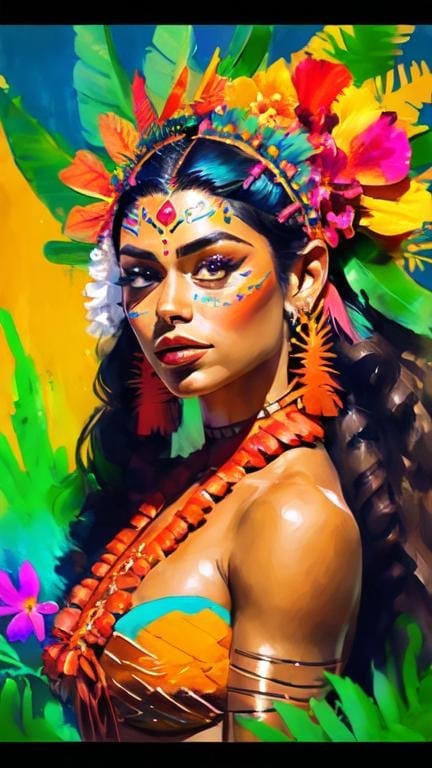 Prompt: Portrait of a Polynesian woman wearing traditional costume and headdress. She has a tanned skin and she is surrounded by tropical nature and flowers