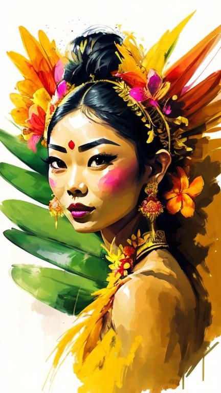 Prompt: Portrait of a Balinese woman wearing traditional costume and headdress. She has a tanned skin and she is surrounded by tropical nature and flowers