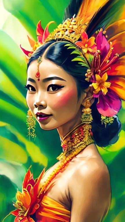 Prompt: Portrait of a Balinese woman wearing traditional costume and headdress. She has a tanned skin and she is surrounded by tropical nature and flowers