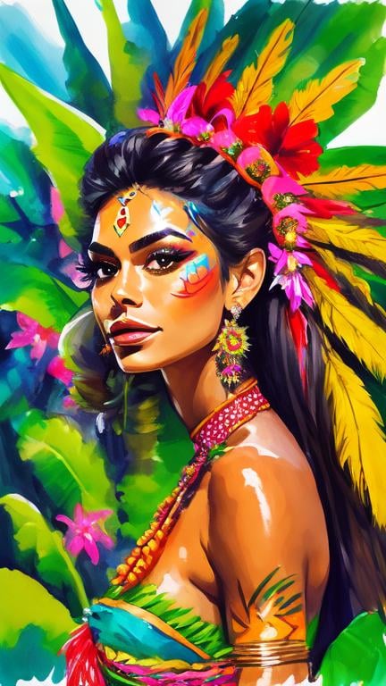 Prompt: Portrait of a Tahitian woman wearing traditional costume and headdress. She has a tanned skin and she is surrounded by tropical nature and flowers