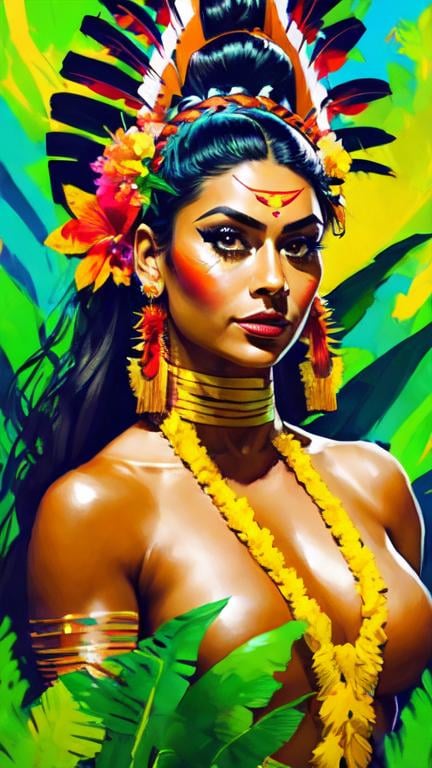 Prompt: Portrait of a Polynesian woman wearing traditional costume and headdress. She has a tanned skin and she is surrounded by tropical nature and flowers