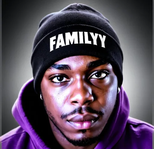 Prompt: purple beanie black man purple hoodie saving his family