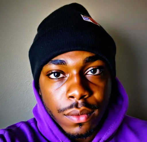 Prompt: purple beanie black man purple hoodie saving the world