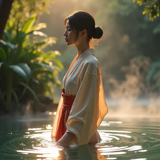 Prompt: (tall young woman in an onsen), detailed traditional clothing, serene atmosphere, natural lighting creating warm reflections, surrounded by lush greenery and steaming water, focus on textures in the clothing, soft, warm color tones enhancing tranquility, ultra-detailed, lifelike appearance with realistic proportions, perfectly capturing a moment of relaxation in nature, HD quality.