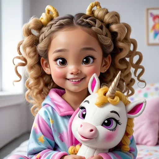 Prompt: 

a little four-year-old girl with a fine oriental face, brown eyes, curly hair tied with two braids wears pajamas with a unicorn and holds a doll with blond hair in her hands, smiles. Around her there is a gray floor, white walls and some colorful toys