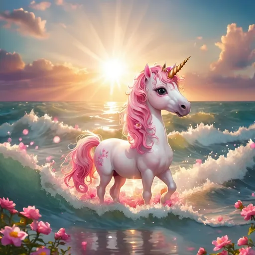 Prompt: a small and sweet unicorn is standing in the middle of the sea waves, there is a beautiful sun in the sky and lots of pink flowers around