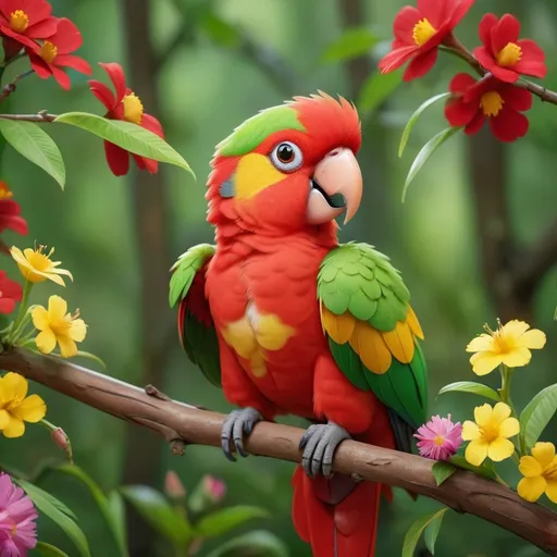 Prompt: 
A small sweet red parrot with red yellow and green wings with sweet eyes is resting on the branch of a tree in a forest full of flowers