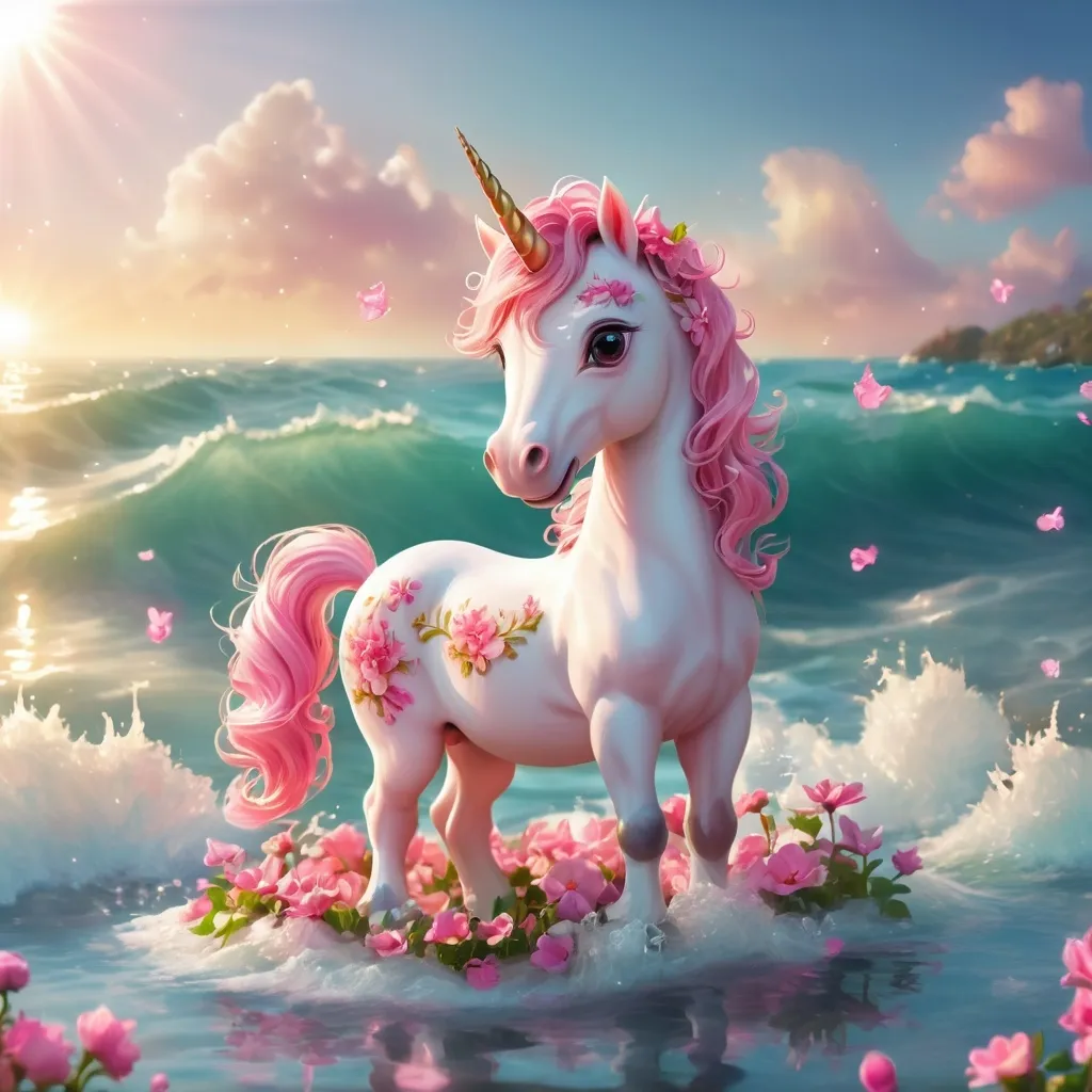 Prompt: a small and sweet unicorn is standing in the middle of the sea waves, there is a beautiful sun in the sky and lots of pink flowers around