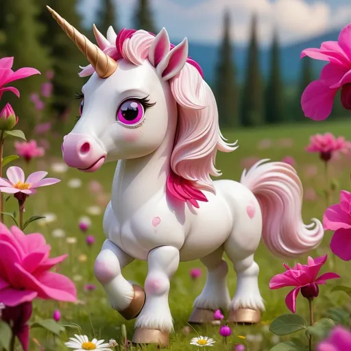 Prompt: 
A little sweet white unicorn with pink wings and fuchsia horn with sweet brown eyes stands in a meadow full of pink and fuchsia flowers