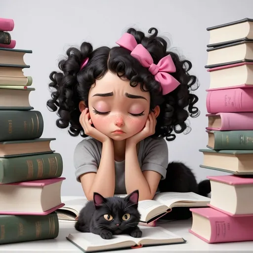 Prompt: A girl with black curly hair tied with pink clips is very tired after studying, she is among the books sitting in front of a white desk and has fallen asleep among the books, to her right there is a black cat on the books and to his left is a gray cat.