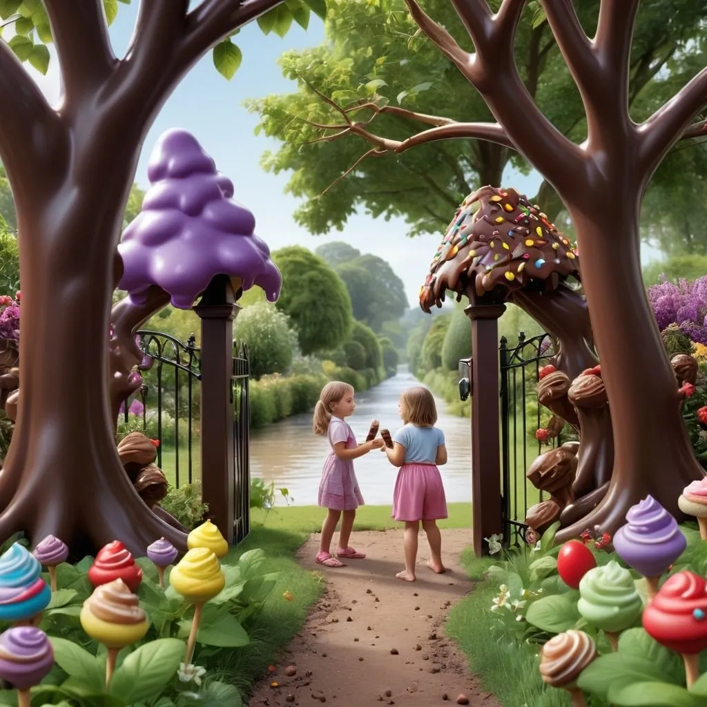 Prompt: children playing in a garden with chocolates and icecreams growing on trees, coco cola river flowing and garden gate made of cadbury