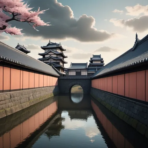 Prompt: Urban fantasy city scene combining elements of Edo Japan and 19th century France, moats surrounding a walled imperial palace, cinematic lighting