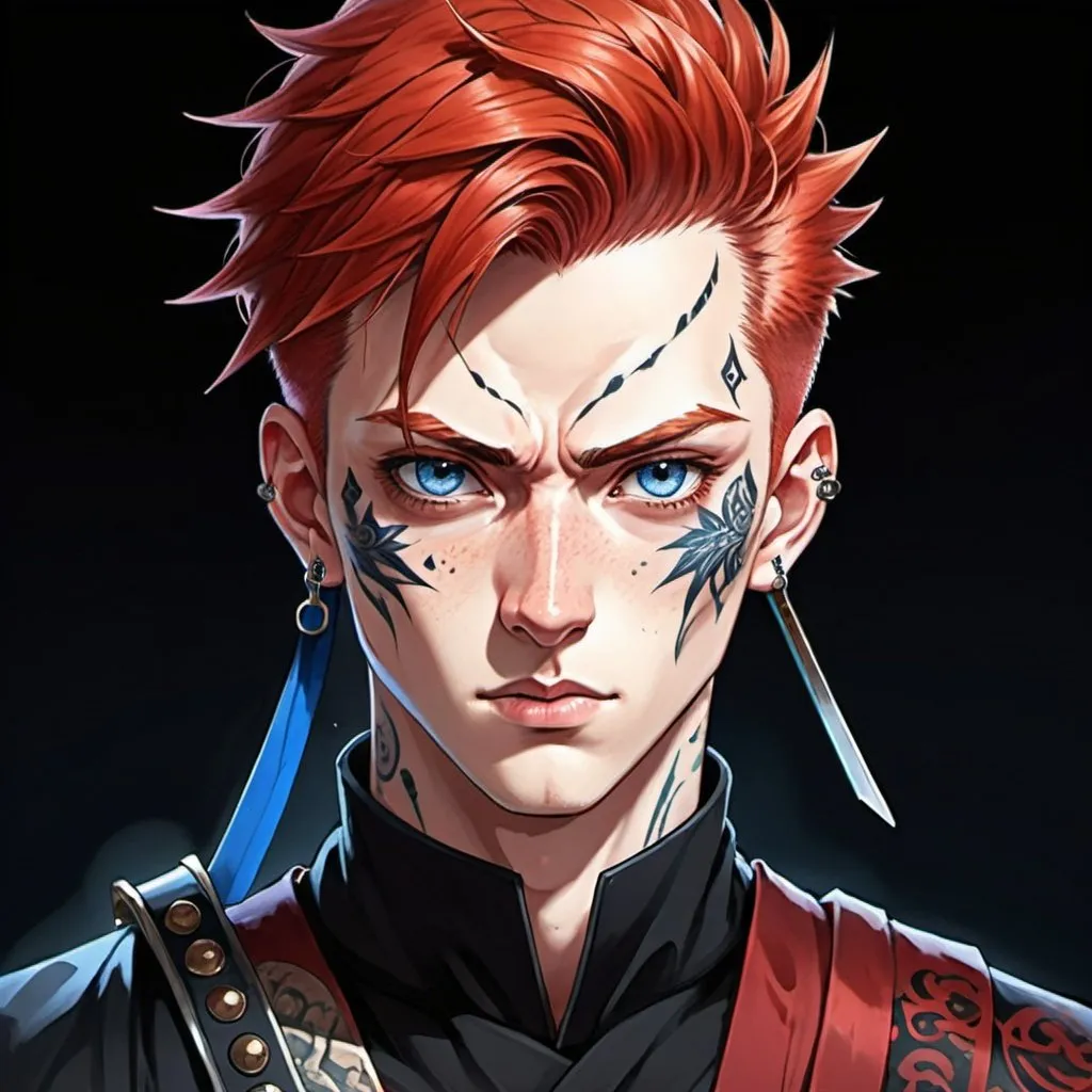 Prompt: Anime illustration of a swordsman from 19th century, 25 years old, short spiky red hair, undercut, Japanese and European, bright blue eyes, freckled skin, shadow in his eyes, very handsome, lean and strong figure, HIGHER RESOLUTION, detailed eyes, bigger eyes, shadow in face, intense but haunted look, black stud earrings, tattoo, warm colors