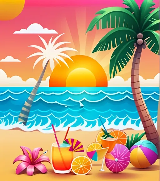 Prompt: Design an engaging and colorful illustration, evoking a summer vibe. Use bright and soothing colors, featuring elements like sunsets, ocean waves, tropical flowers, and cheerful symbols such as sun hats, cocktails, or beach umbrellas. Create a lively yet balanced composition that reflects the joy and tranquility of summer. 