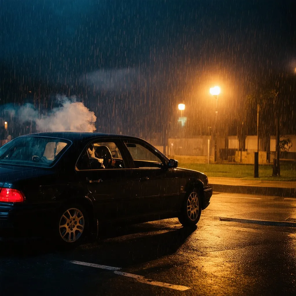 Prompt: empty parking lot, only one car, smoking inside the car, smoke billowing out of the car window, like a scene from a movie, Martin Scorsese production, shot from across the street and from a distance rainy weather, dramatic scene, evening, street lights illuminate the surroundings, warm light, raindrops appear in the street lamp light, gloomy, rainy evening, 4k, realistic digital art,  enhanced by cinematic color grading, soft focus, and shallow depth of field, with bokeh effects and a subtle vignette, reminiscent of Kodak Porta 400 and Cinestill 800 film stocks, shot on a Leica M10 camera.