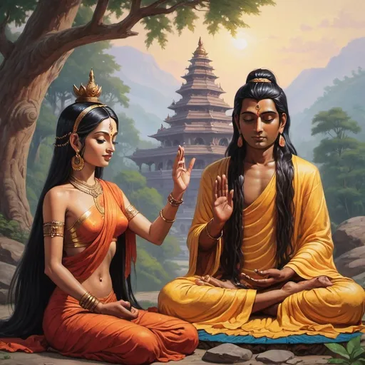 Prompt: long hair indian prince and female buddha talking